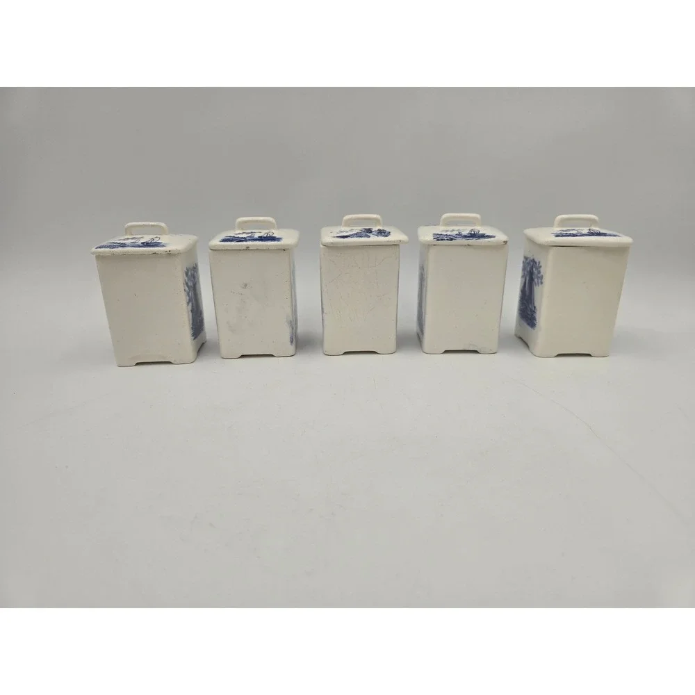 Vintage German Delft Blue Ceramic Spice Canister Set‎ Windmill Sailboat 5pc